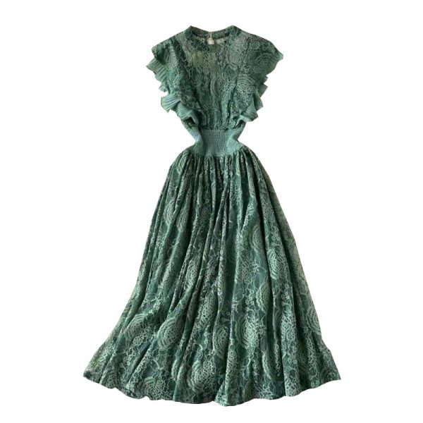 Spring and Autumn Lace round Neck Dress Long Sleeve Fashion Slim Fit Slimming Elegant Ruffled Large Swing Dress Formal Dress - Image 6