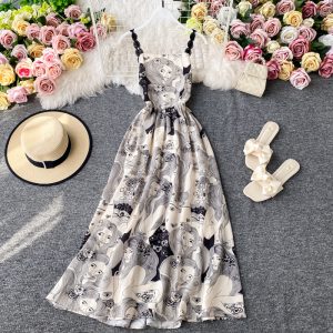 Printing condole belt dress summer long beach resort full-skirted dress skirt waist show thin beach dress