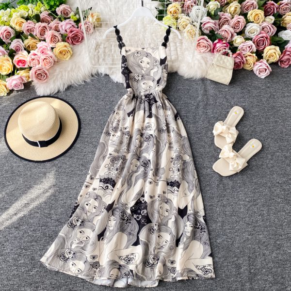 Printing condole belt dress summer long beach resort full-skirted dress skirt waist show thin beach dress - Image 2
