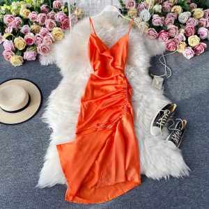 Fashion v-neck backless accept draw string waist side split fold satin strap dress show thin dress dress skirt of summer