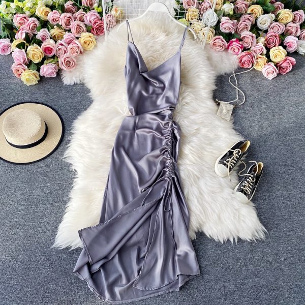 Fashion v-neck backless accept draw string waist side split fold satin strap dress show thin dress dress skirt of summer - Image 4