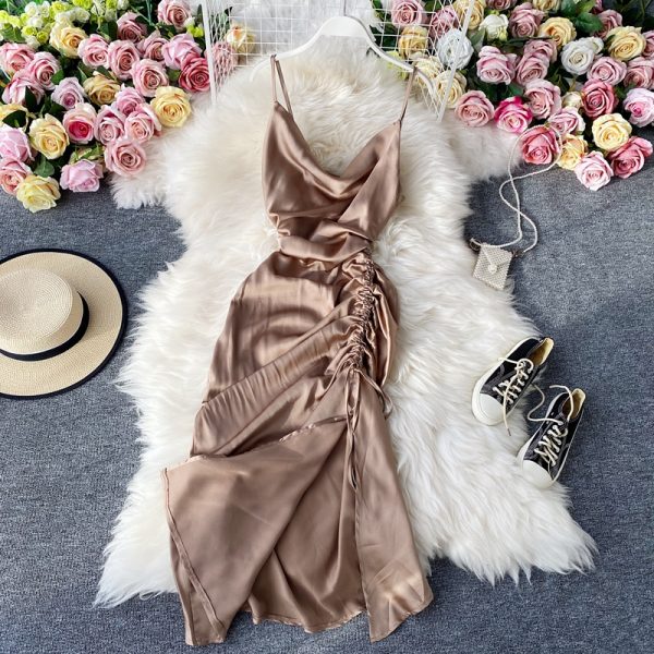 Fashion v-neck backless accept draw string waist side split fold satin strap dress show thin dress dress skirt of summer - Image 5