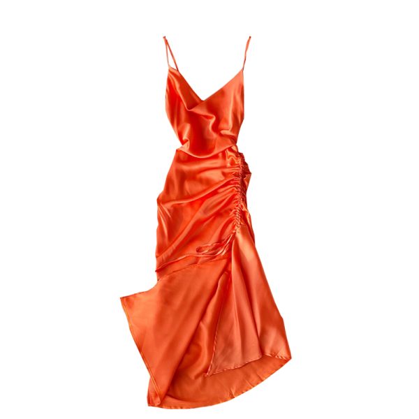 Fashion v-neck backless accept draw string waist side split fold satin strap dress show thin dress dress skirt of summer - Image 6