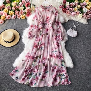 Super posed dress autumn fairy collar print dress long-sleeved aristocratic temperament brim minus age