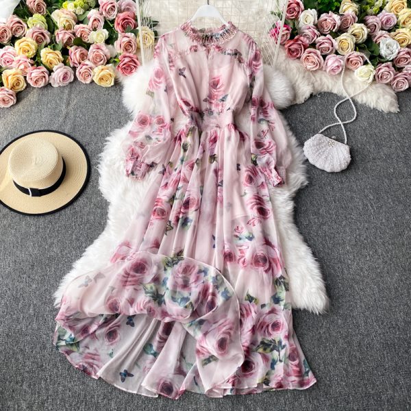 Super posed dress autumn fairy collar print dress long-sleeved aristocratic temperament brim minus age - Image 3