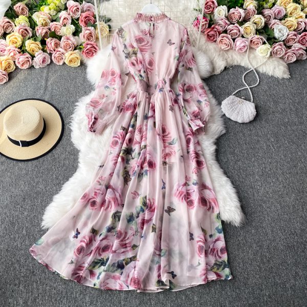 Super posed dress autumn fairy collar print dress long-sleeved aristocratic temperament brim minus age - Image 4