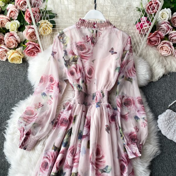 Super posed dress autumn fairy collar print dress long-sleeved aristocratic temperament brim minus age - Image 5