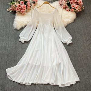 Bohemia posed long skirt, white fairy wind female lantern sleeve party led a word skirt waist chiffon dress