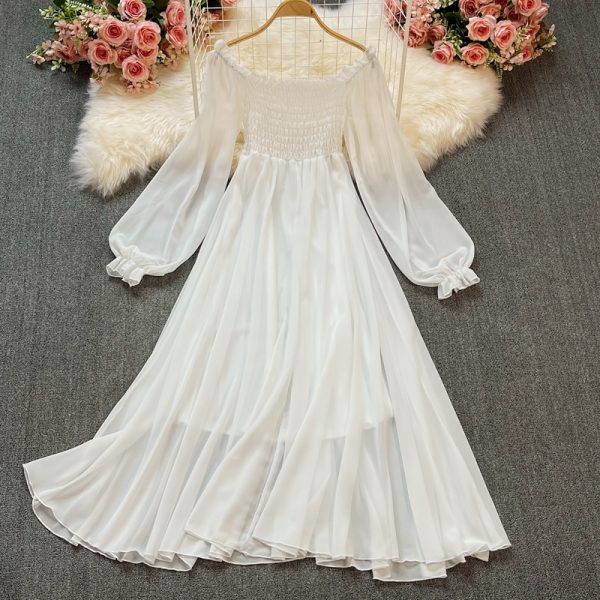 Bohemia posed long skirt, white fairy wind female lantern sleeve party led a word skirt waist chiffon dress - Image 4