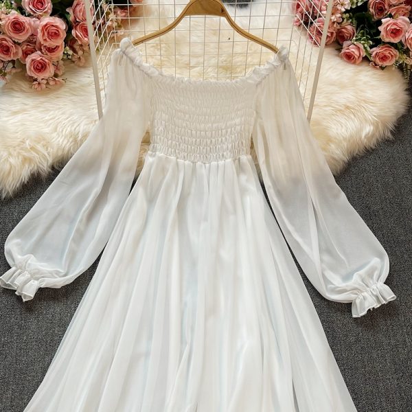 Bohemia posed long skirt, white fairy wind female lantern sleeve party led a word skirt waist chiffon dress - Image 5