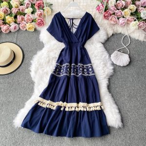 Bohemia beach dress embroidery temperament v-neck backless dress posed long skirt waist tassel national wind