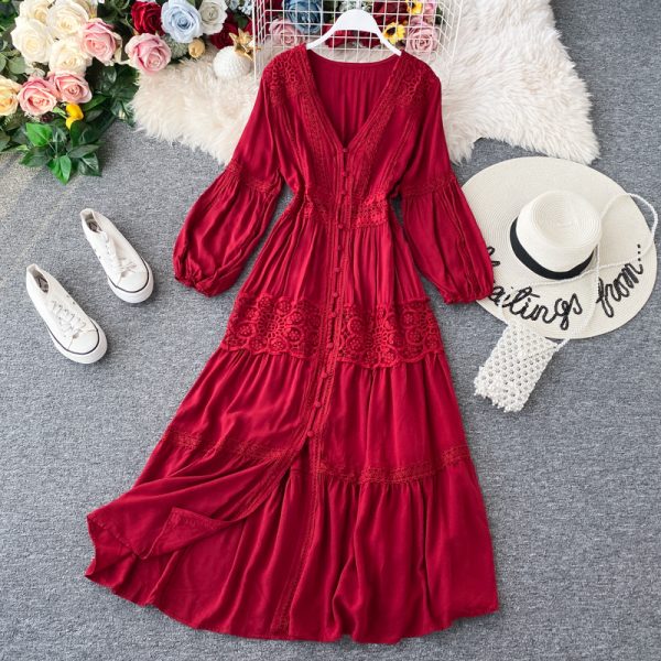 Super fairy brigade take dress red show thin v-neck seaside resort Bali beach dress Thailand open fork dress skirt - Image 3
