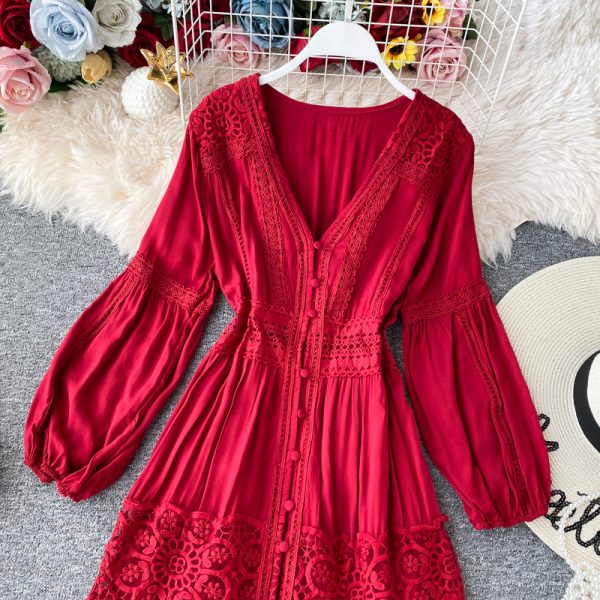Super fairy brigade take dress red show thin v-neck seaside resort Bali beach dress Thailand open fork dress skirt - Image 4