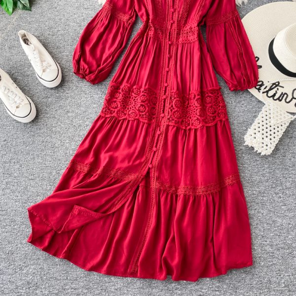 Super fairy brigade take dress red show thin v-neck seaside resort Bali beach dress Thailand open fork dress skirt - Image 5