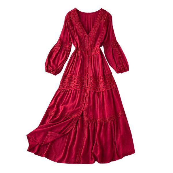 Super fairy brigade take dress red show thin v-neck seaside resort Bali beach dress Thailand open fork dress skirt - Image 6