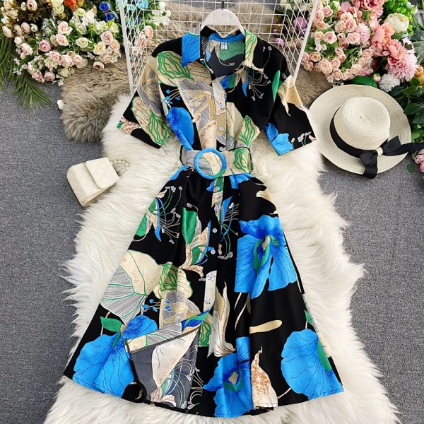 Retro printed shirt skirt to show thin temperament super fairy’s department to collect waist dress with short sleeves - Image 2