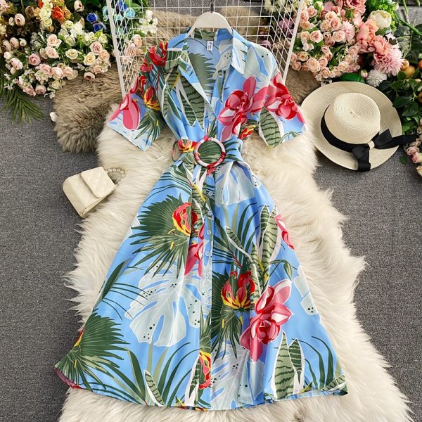 Retro printed shirt skirt to show thin temperament super fairy’s department to collect waist dress with short sleeves - Image 4