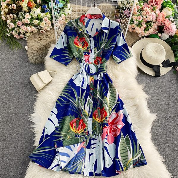 Retro printed shirt skirt to show thin temperament super fairy’s department to collect waist dress with short sleeves - Image 5
