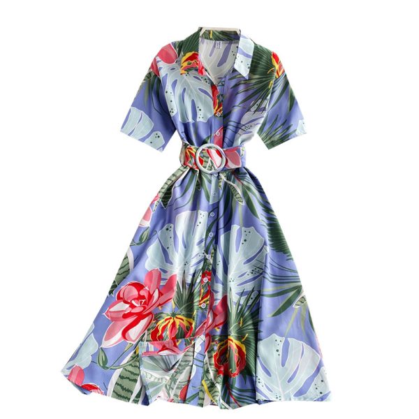 Retro printed shirt skirt to show thin temperament super fairy’s department to collect waist dress with short sleeves - Image 6
