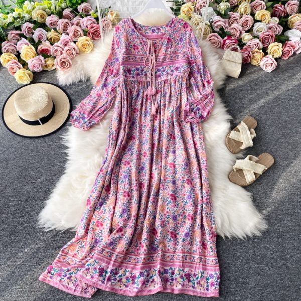 Posed long skirt retro Bohemian loose floral long beach holiday dresses - Image 4