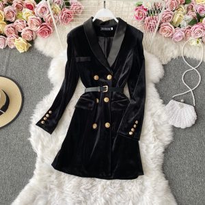 Royal elder sister goddess temperament suit dress Fan Qiudong new charge show thin waist long-sleeved pleuche a-line skirt