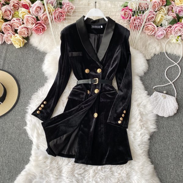 Royal elder sister goddess temperament suit dress Fan Qiudong new charge show thin waist long-sleeved pleuche a-line skirt - Image 3