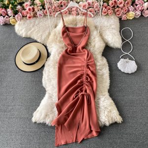 Fashion sexy annual open fork cultivate one’s morality show thin dress summer backless smoked rope sling women dress