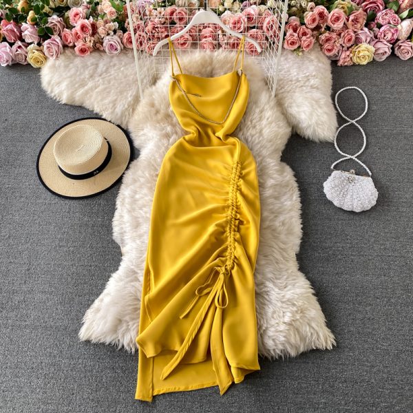 Fashion sexy annual open fork cultivate one’s morality show thin dress summer backless smoked rope sling women dress - Image 3