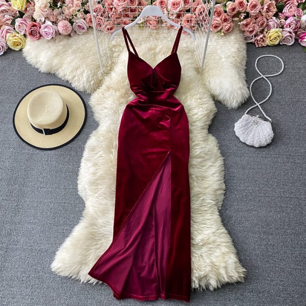 Retro velvet strap strapless dress v-neck with cultivate one’s morality show thin trying to split the dress skirt - Image 2