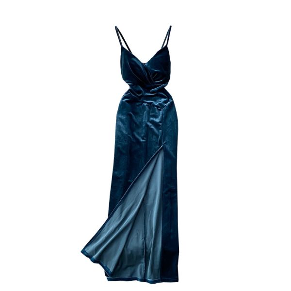 Retro velvet strap strapless dress v-neck with cultivate one’s morality show thin trying to split the dress skirt - Image 6