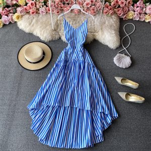 Queen resort irregular stripe dress cultivate one’s morality show thin straps dress skirt seaside holiday beach dress