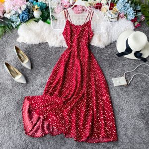 Wine red strap dress wave point beach dress backless cultivate one’s morality super fairy posed dress seaside resort
