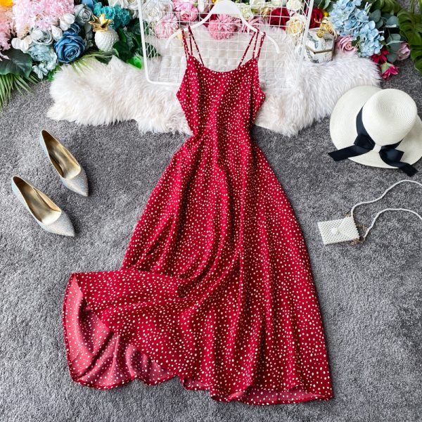 Wine red strap dress wave point beach dress backless cultivate one’s morality super fairy posed dress seaside resort - Image 2