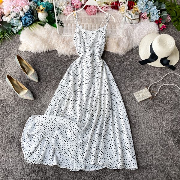 Wine red strap dress wave point beach dress backless cultivate one’s morality super fairy posed dress seaside resort - Image 3