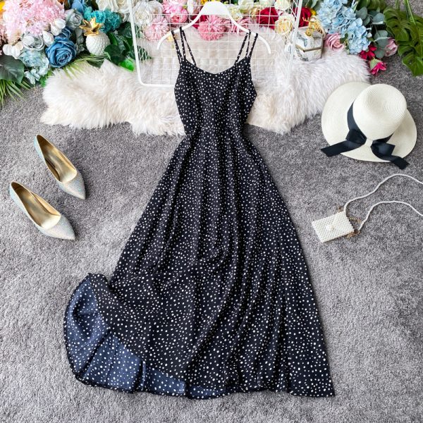 Wine red strap dress wave point beach dress backless cultivate one’s morality super fairy posed dress seaside resort - Image 4
