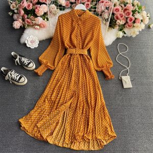 Wave point chiffon shirt collar dress posed long pleated skirt waist