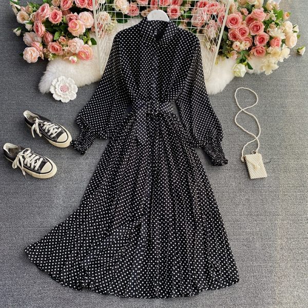 Wave point chiffon shirt collar dress posed long pleated skirt waist - Image 3