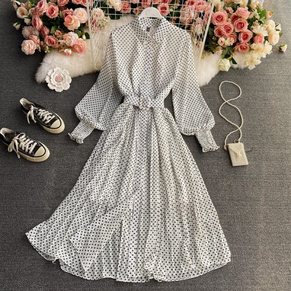 Wave point chiffon shirt collar dress posed long pleated skirt waist - Image 4