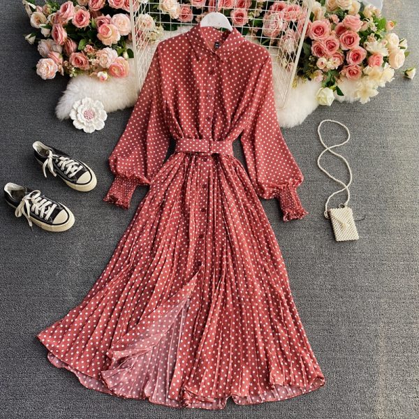 Wave point chiffon shirt collar dress posed long pleated skirt waist - Image 5