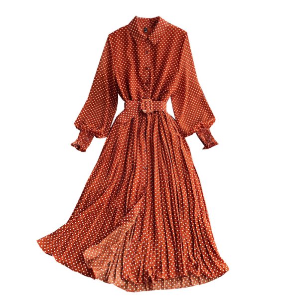 Wave point chiffon shirt collar dress posed long pleated skirt waist - Image 6