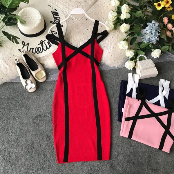 In the summer of the new package buttocks needle knitting skirt with shoulder-straps v-neck cultivate one’s morality - Image 3