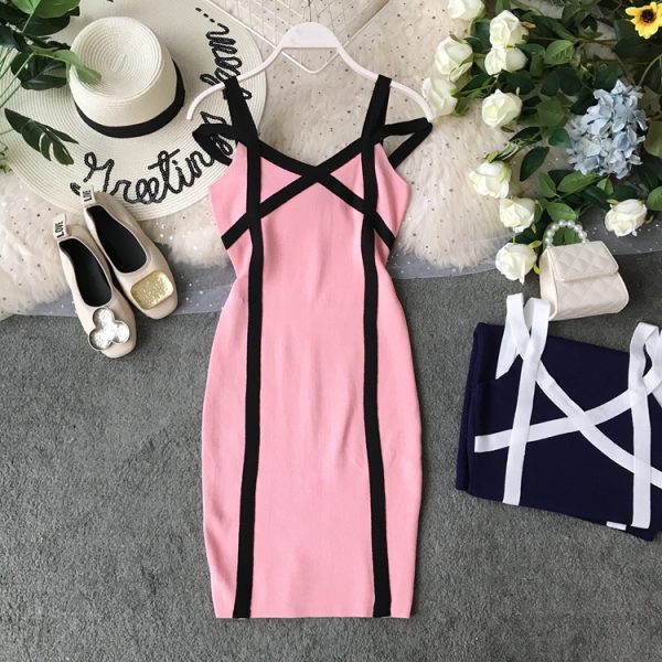 In the summer of the new package buttocks needle knitting skirt with shoulder-straps v-neck cultivate one’s morality - Image 4