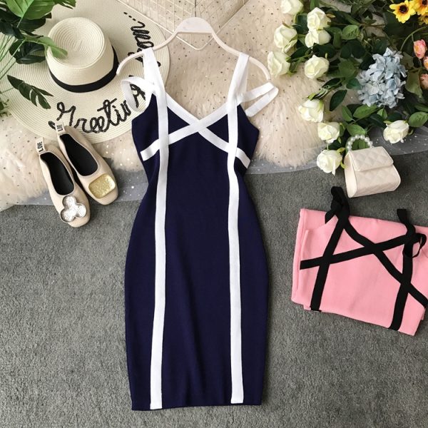 In the summer of the new package buttocks needle knitting skirt with shoulder-straps v-neck cultivate one’s morality - Image 5