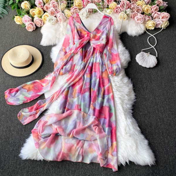 Chiffon dress women long sleeve the spring and autumn period and the new French v-neck posed a word show thin waist long skirt - Image 3