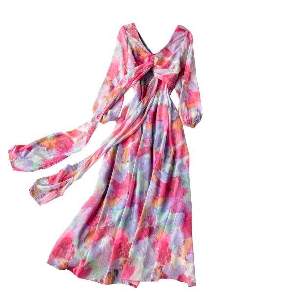 Chiffon dress women long sleeve the spring and autumn period and the new French v-neck posed a word show thin waist long skirt - Image 6