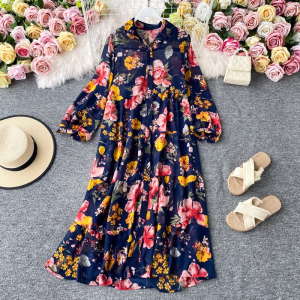 Bohemia resort island beach dress loose big wind French printing chiffon dress code is prevented bask in clothes - Image 4