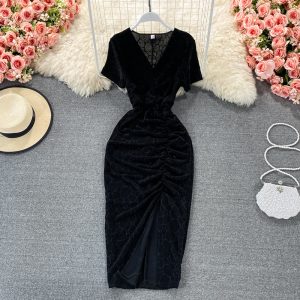 Temperamental woman dress summer new socialite v-neck cultivate one’s morality show thin package hip split long skirt