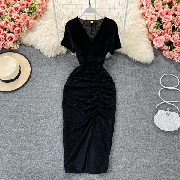 Temperamental woman dress summer new socialite v-neck cultivate one’s morality show thin package hip split long skirt