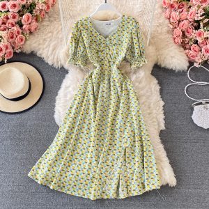 Floral chiffon dress in the summer of the new love to receive a word skirt waist super sweet fairy in the dress