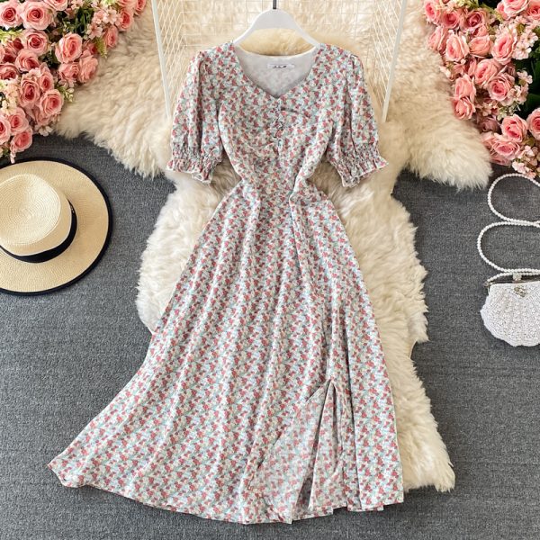 Floral chiffon dress in the summer of the new love to receive a word skirt waist super sweet fairy in the dress - Image 5